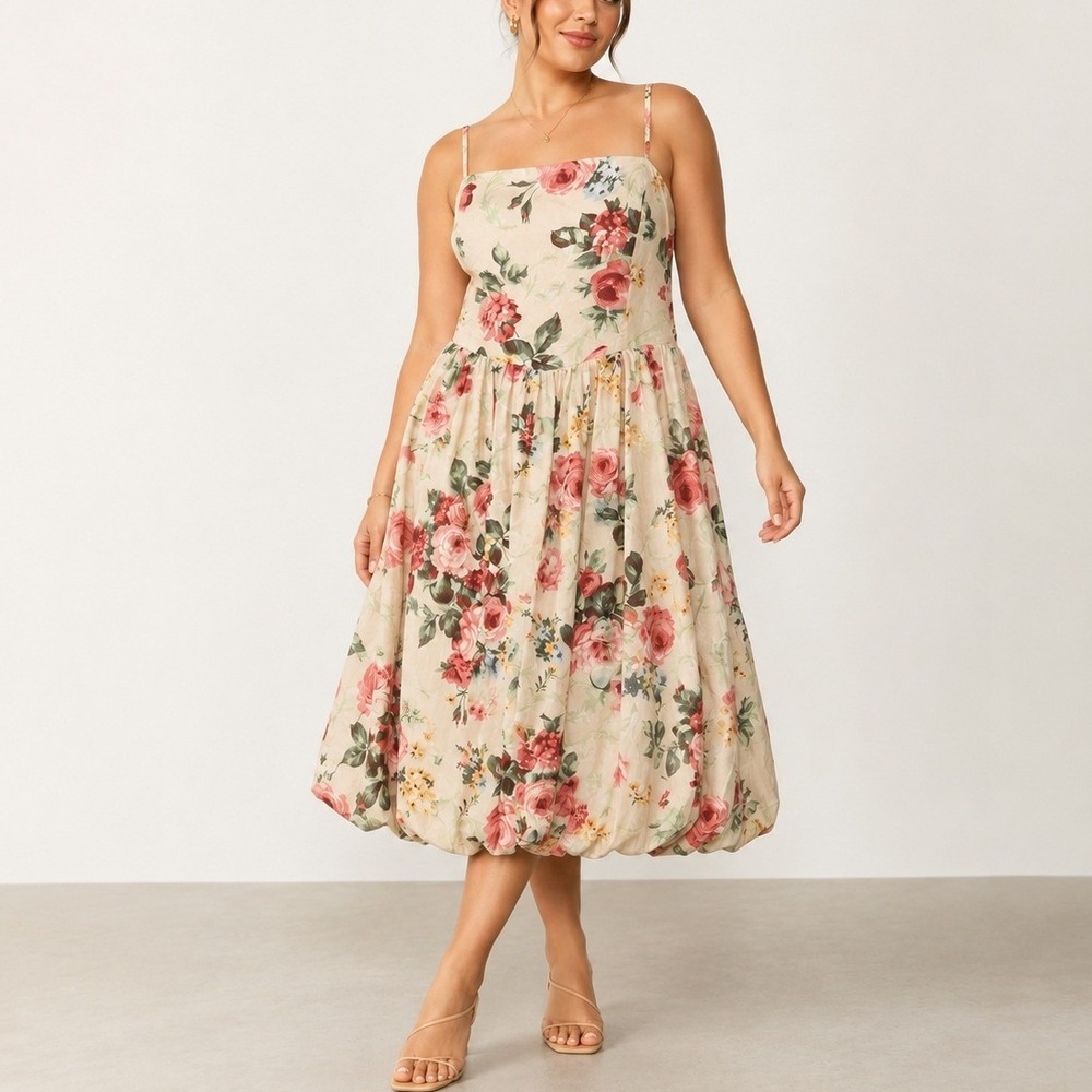 Abercrombie & Fitch Floral Bubble Hem Midi Dress XLP Ivory Rose Cottagecore